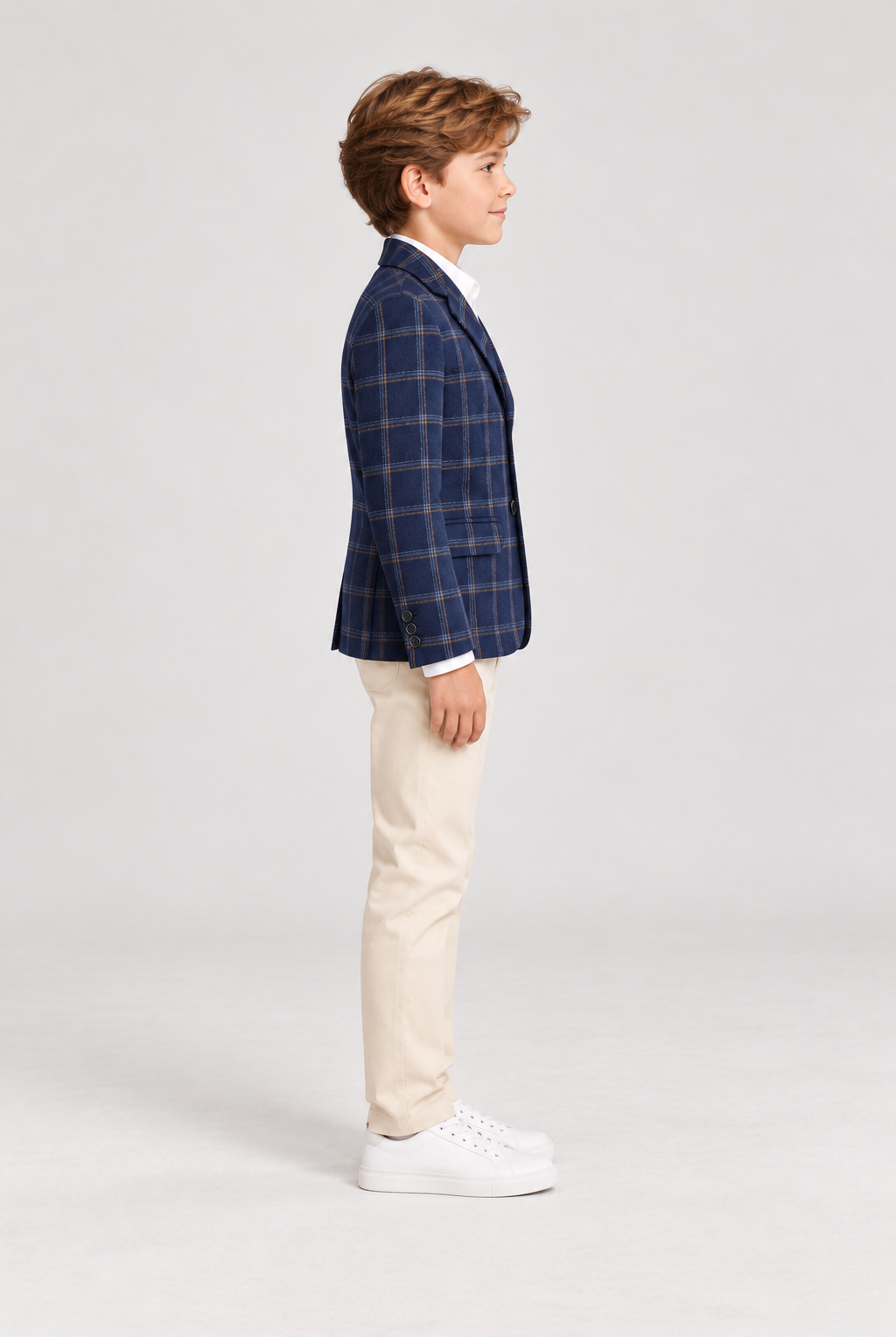 Right model view of Gingersnaps boys navy plaid blazer