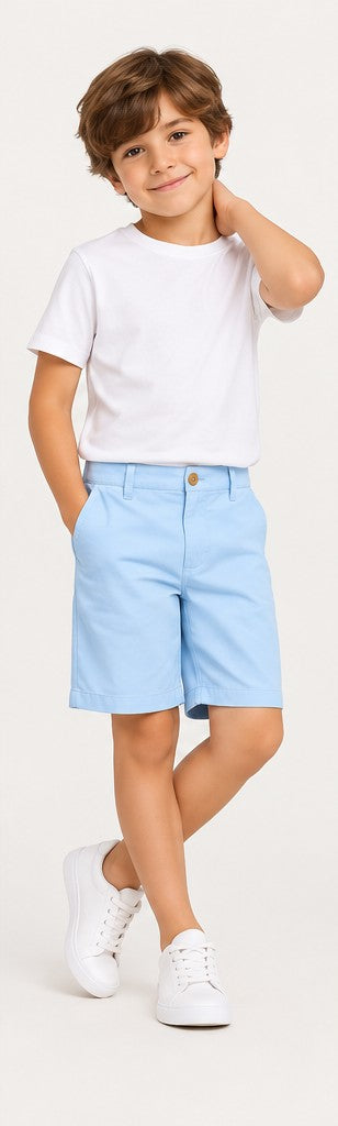 Lifestyle view of Gingersnaps boys light blue shorts