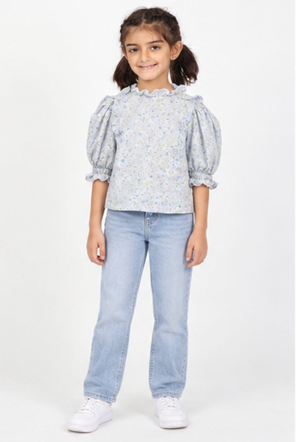 Girls' blue floral puff sleeve blouse — front