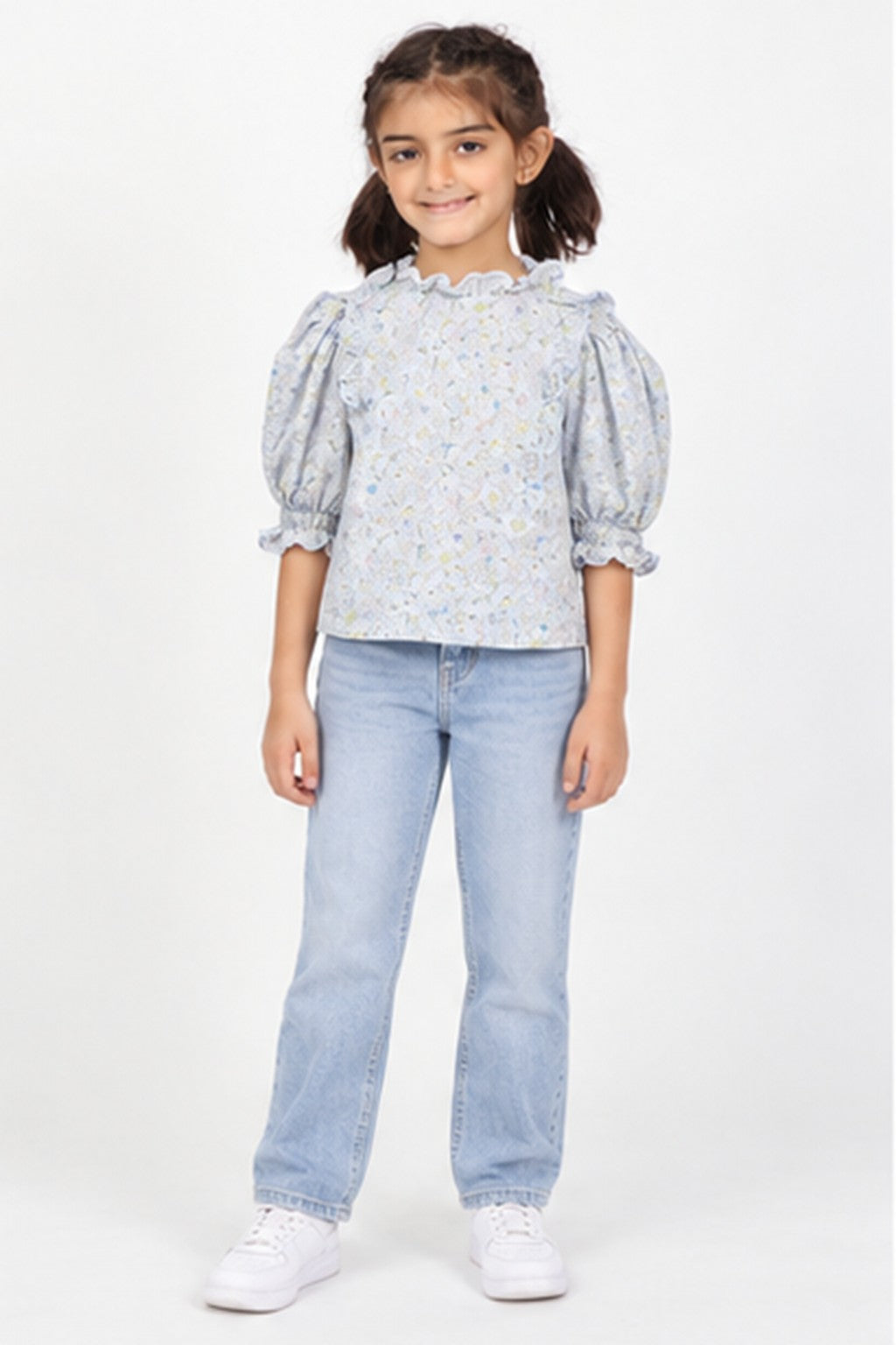 Girls' blue floral puff sleeve blouse — front