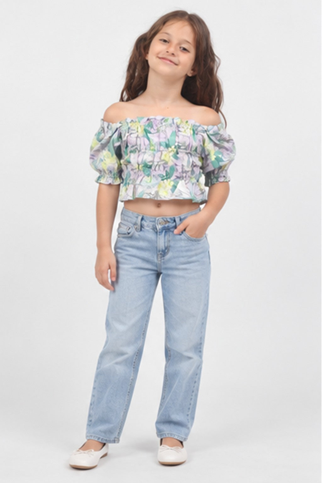 Girls' lilac tropical off-shoulder blouse — front