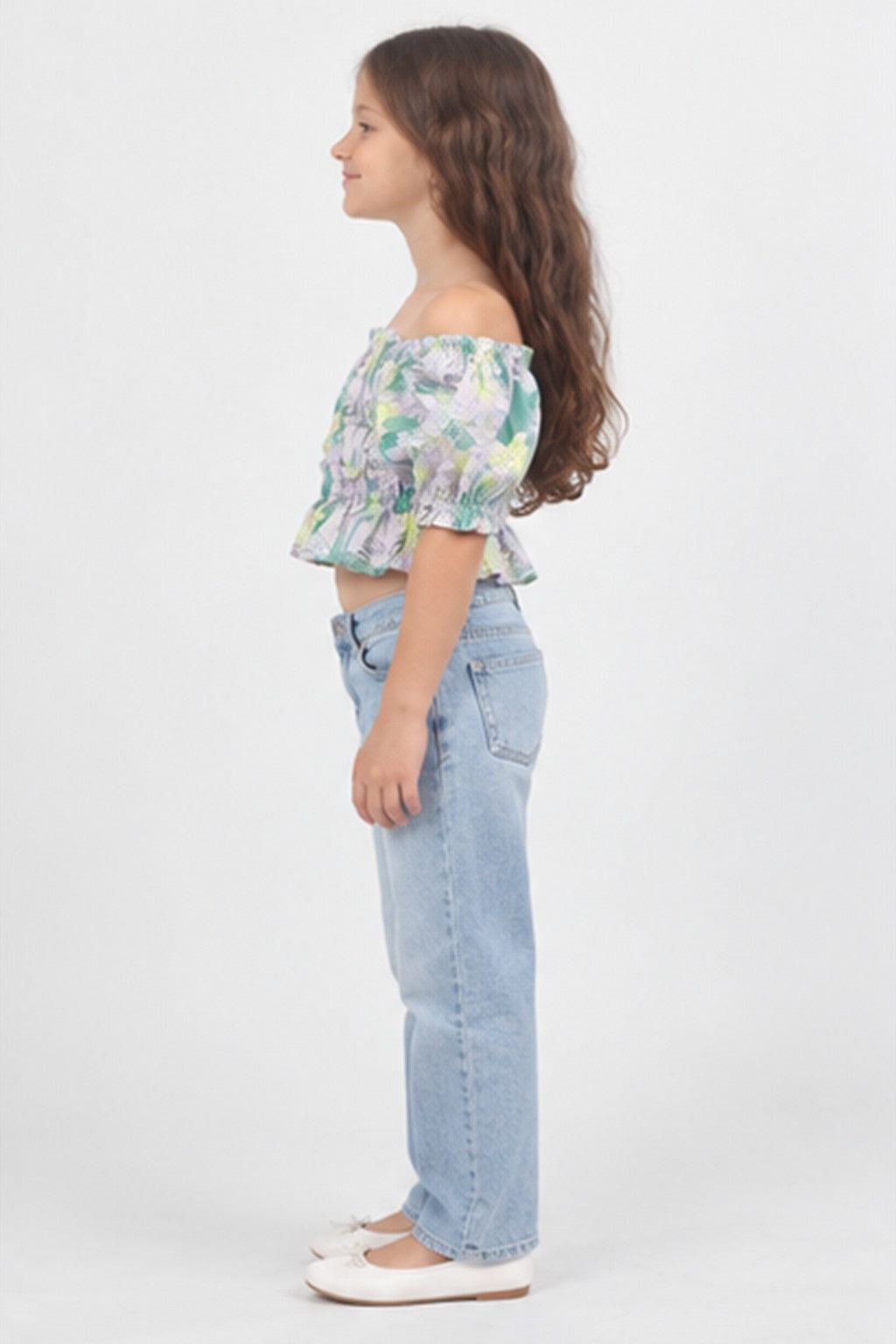 Girls' lilac tropical off-shoulder blouse — left