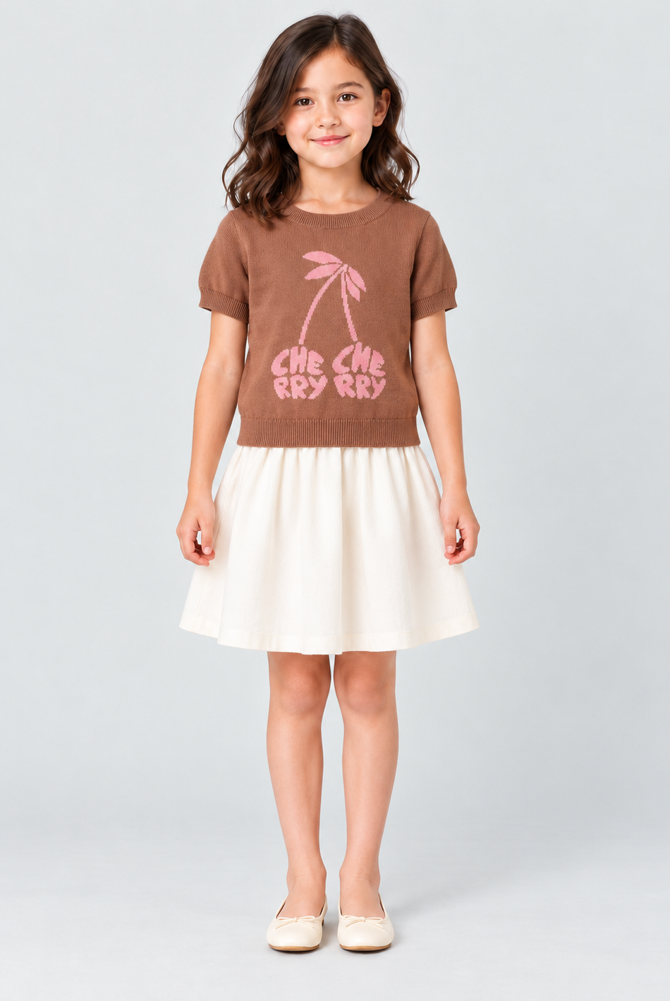 Girls brown knit cherry top, full front