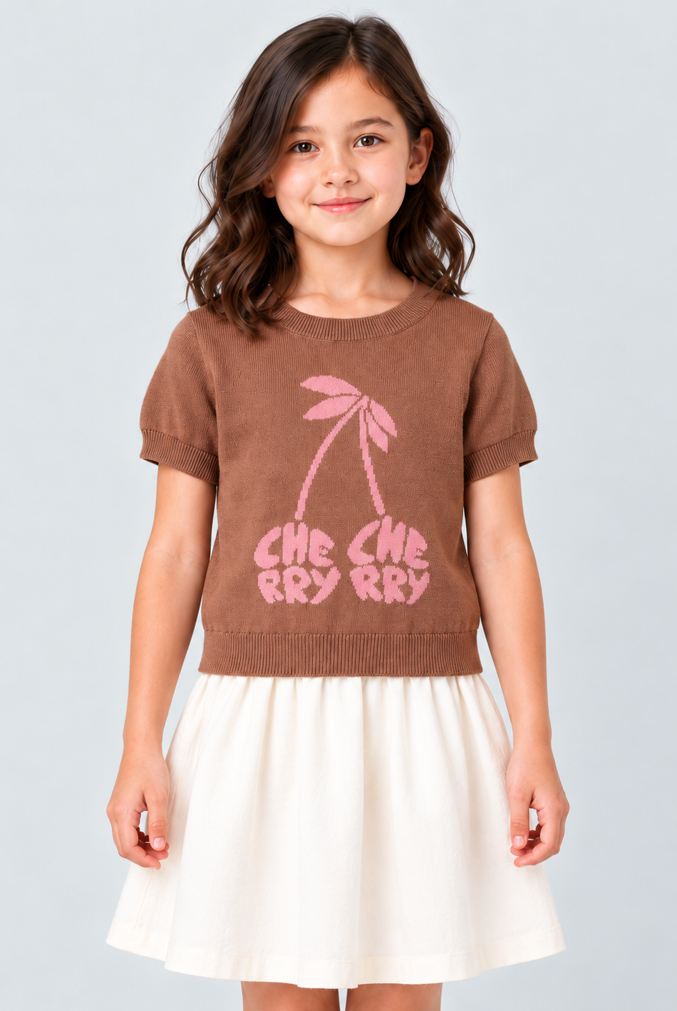 Girls brown knit cherry top, garment detail front