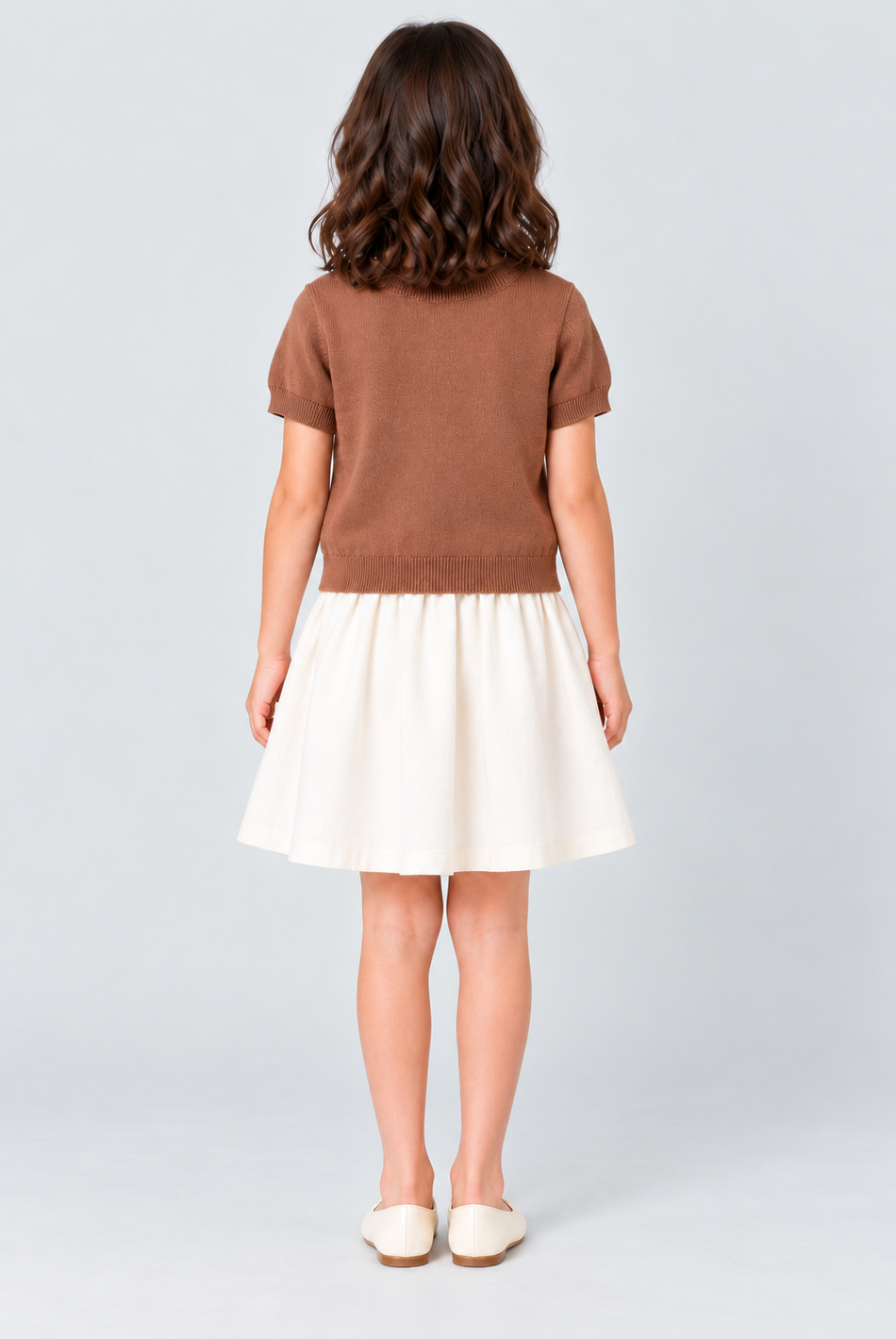 Girls brown knit cherry top, back view