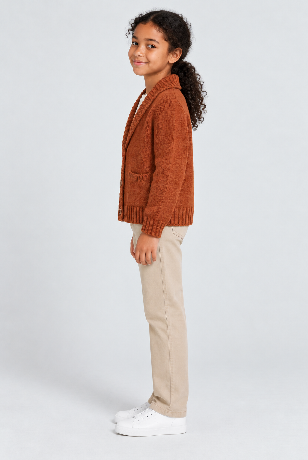 كارديجان بناتي منسوج بجيوب أمامية, brown, side model view