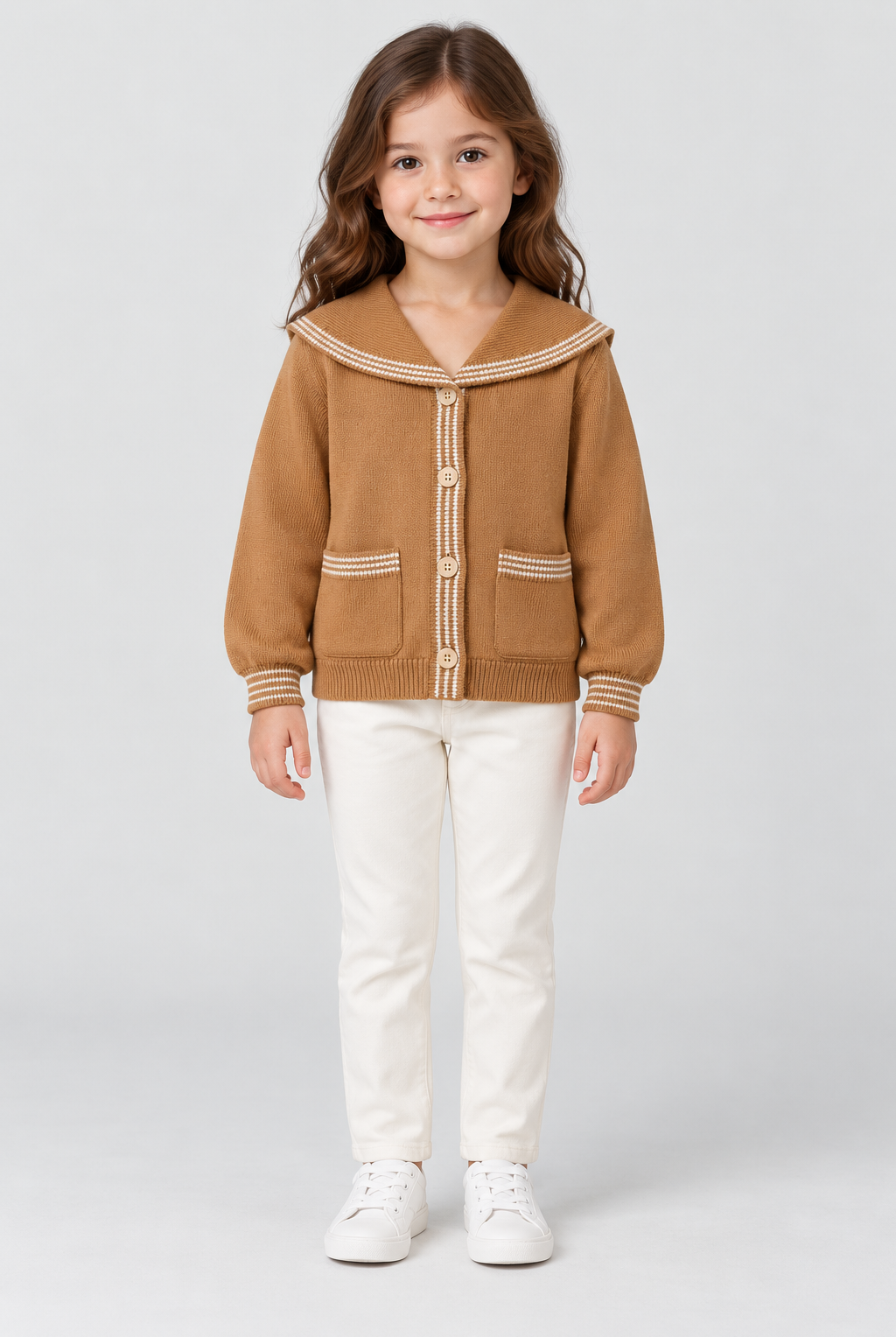 Gingersnaps brown sailor-collar cardigan GCA0070, front view on AI model G2