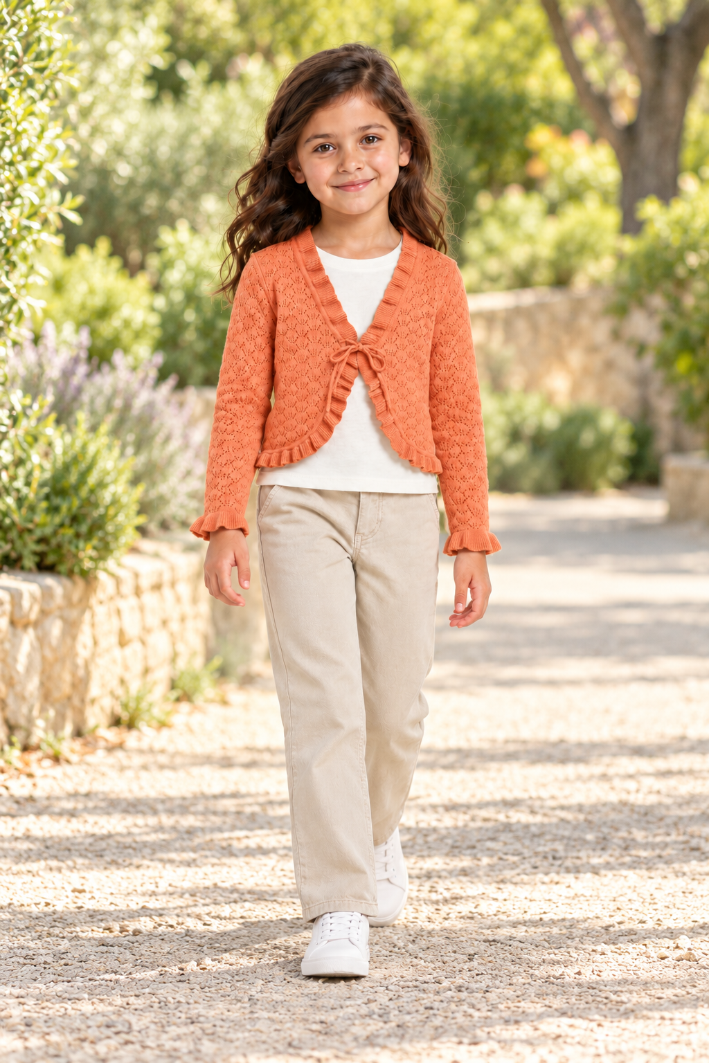 كارديجان بناتي قصير كم طويل مخرم, brown, lifestyle model view