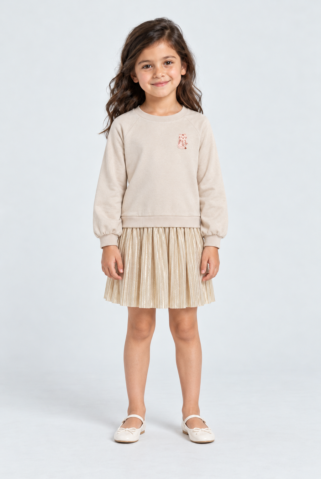 فستان شتوي مكشكش من أسفل لامع كم طويل بناتي, beige, front model view