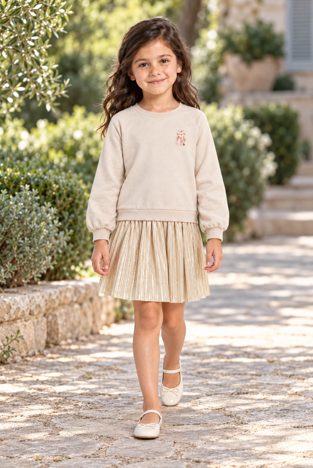 فستان شتوي مكشكش من أسفل لامع كم طويل بناتي, beige, lifestyle model view
