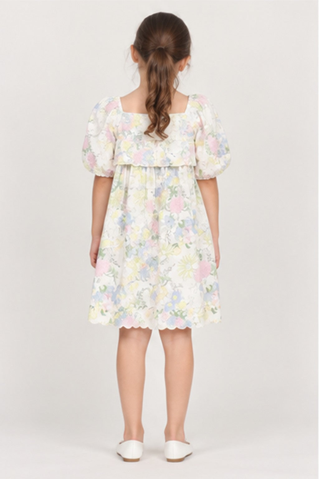 Girls' pastel floral puff sleeve dress — back