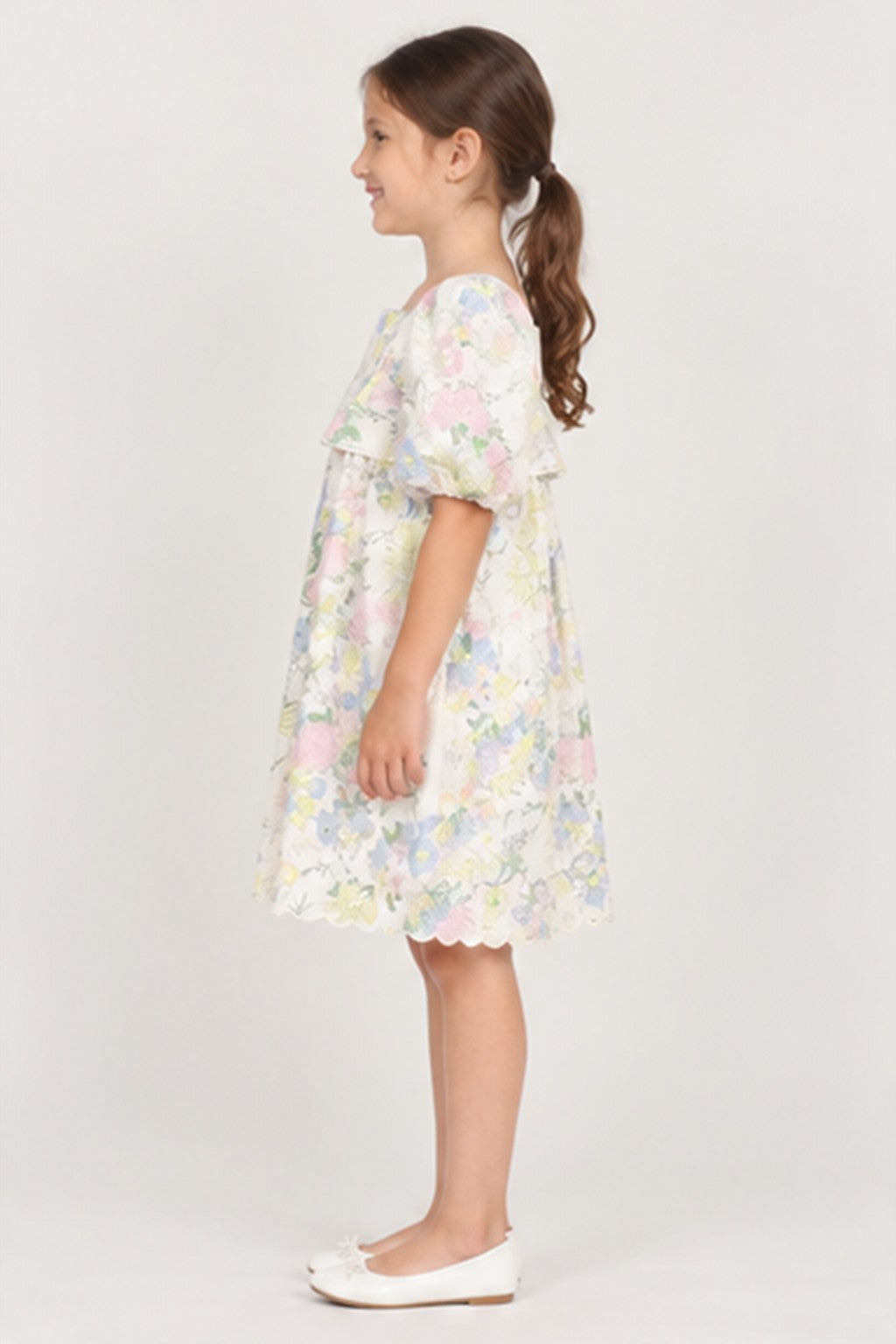 Girls' pastel floral puff sleeve dress — left
