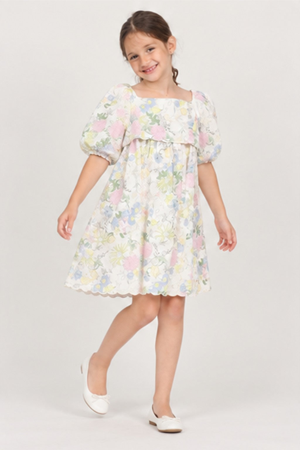 Girls' pastel floral puff sleeve dress — lifestyle