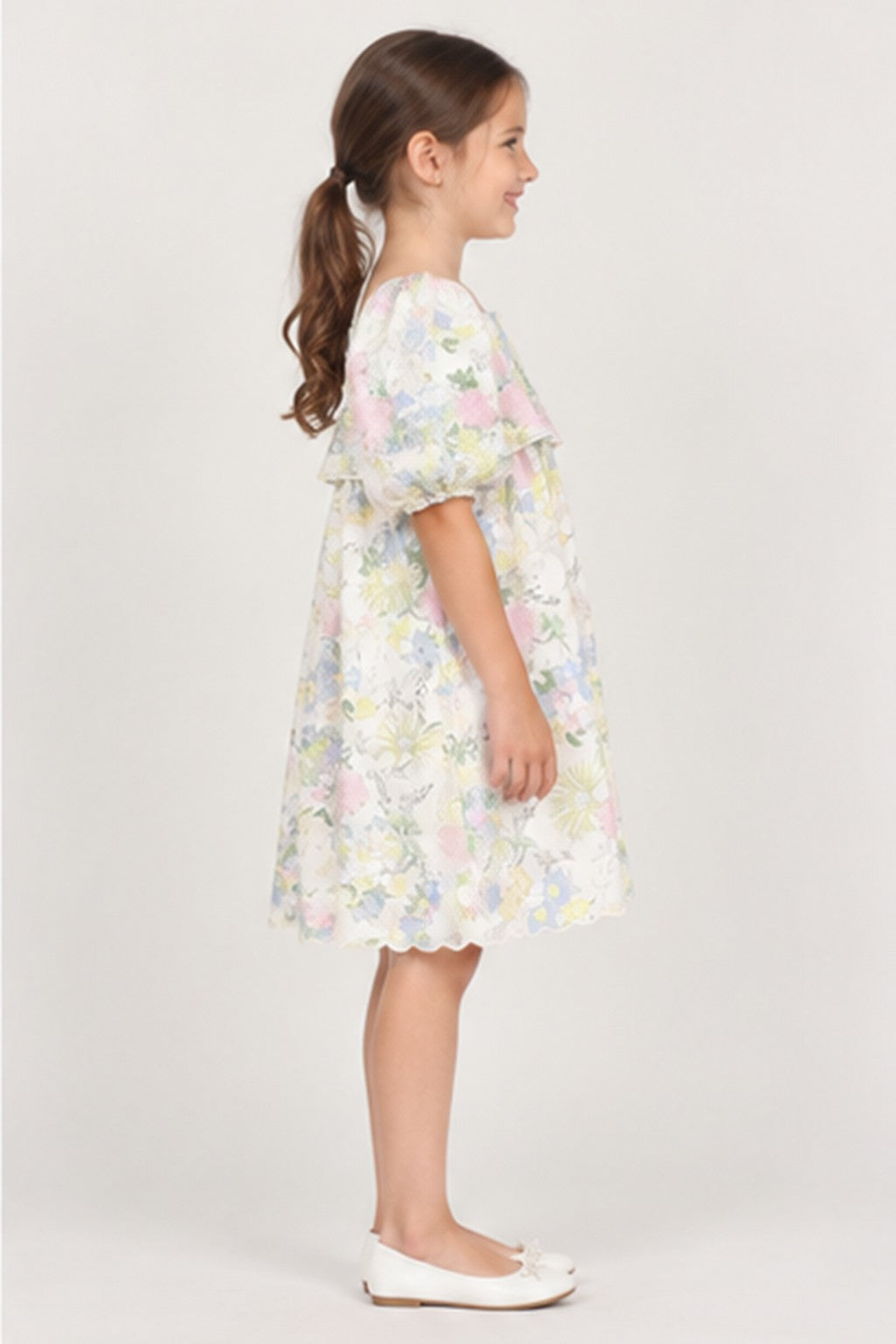 Girls' pastel floral puff sleeve dress — right
