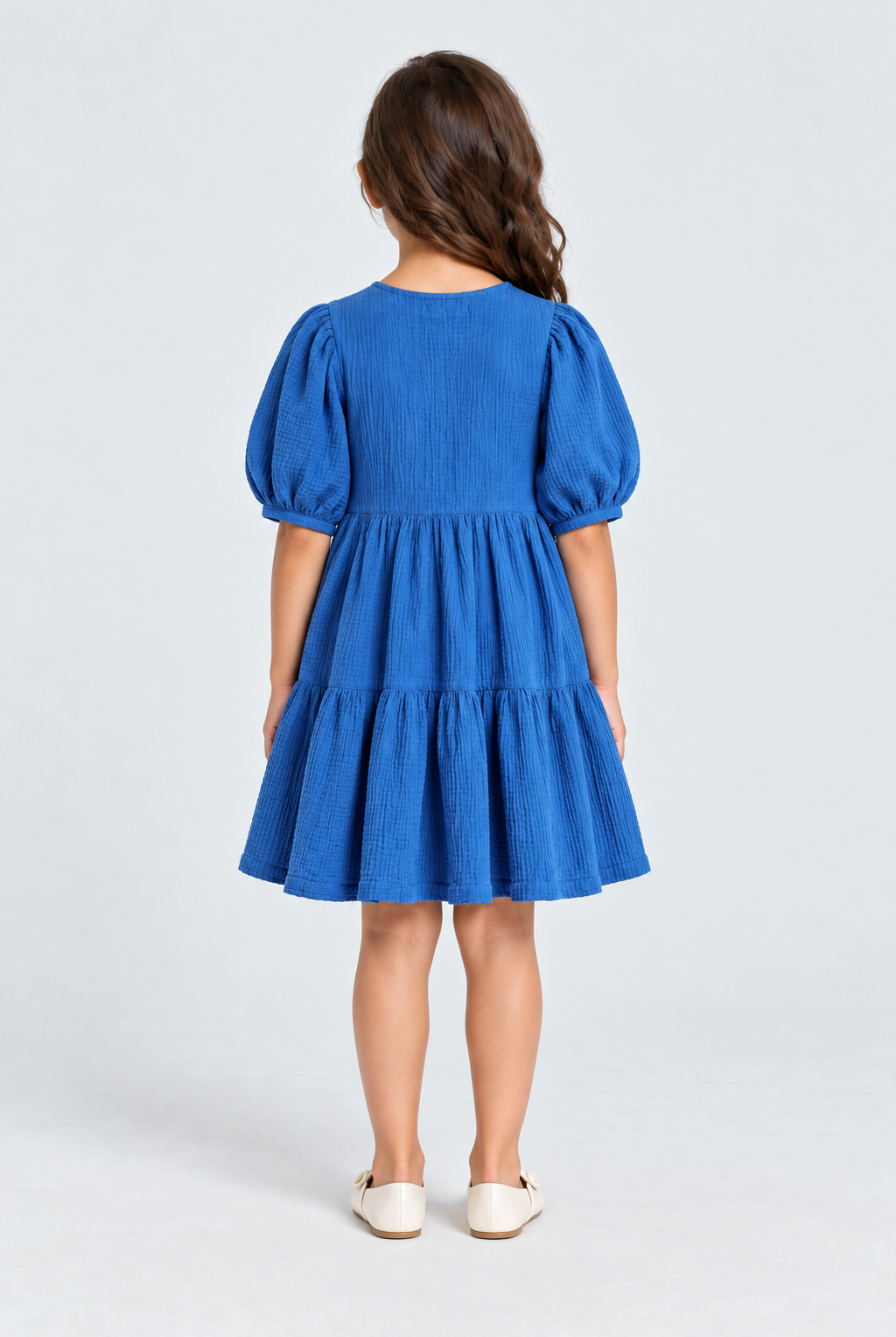 فستان بناتي نص كم بأزرار أمامية, blue, back model view