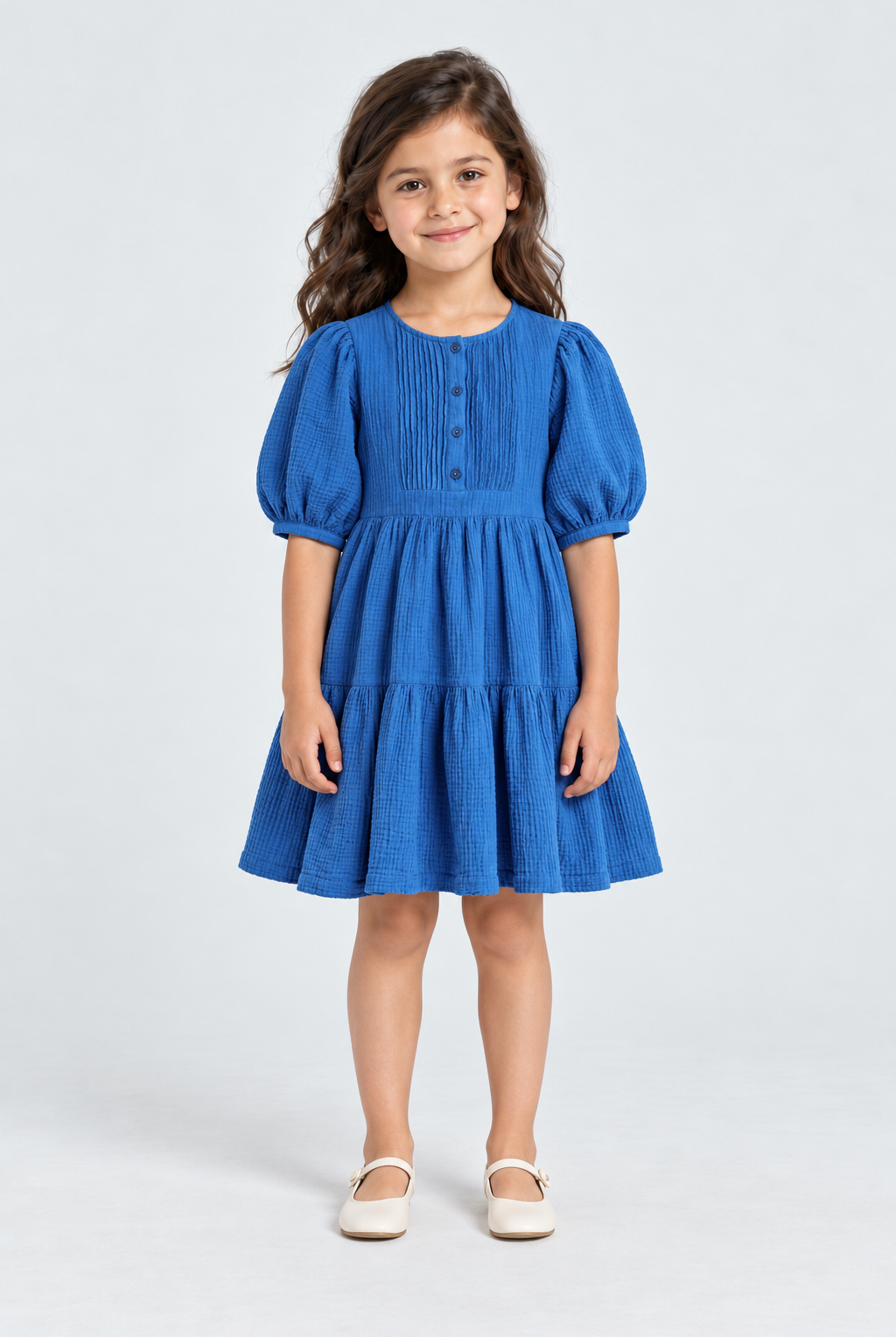 فستان بناتي نص كم بأزرار أمامية, blue, front model view