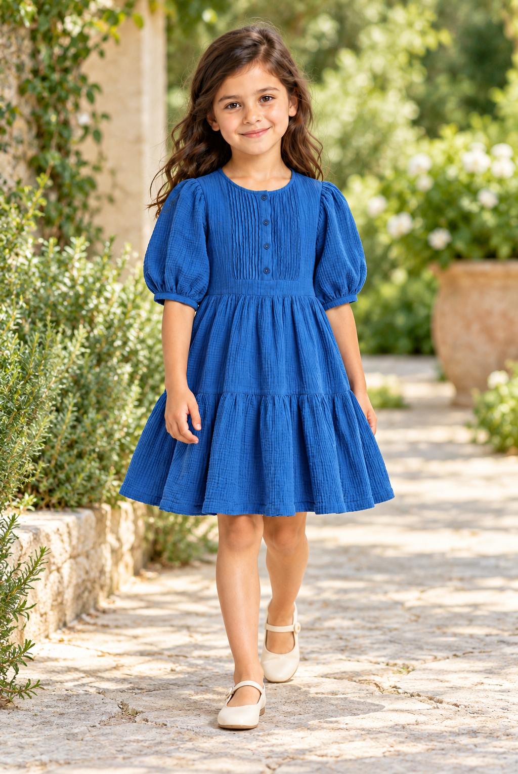 فستان بناتي نص كم بأزرار أمامية, blue, lifestyle model view
