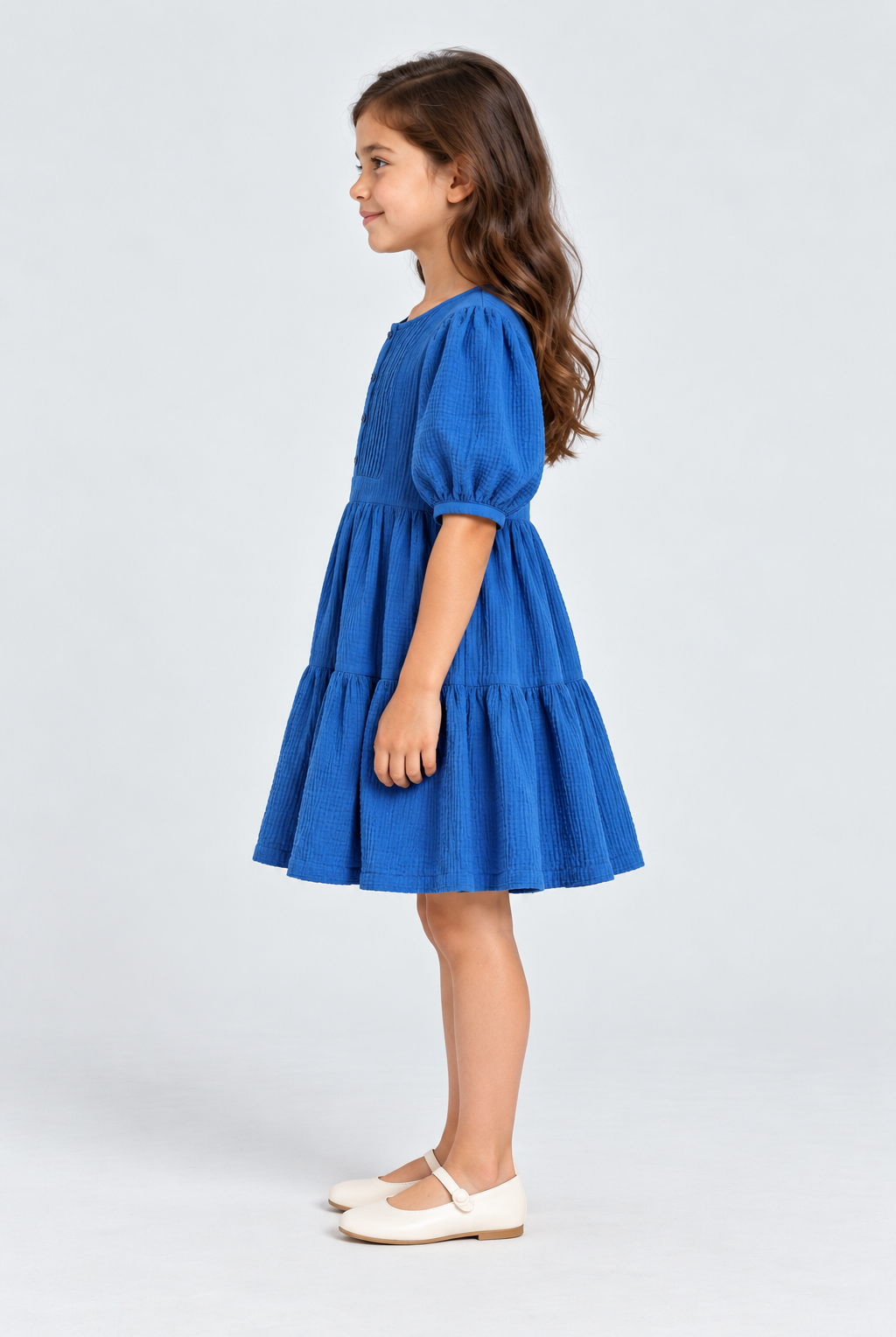 فستان بناتي نص كم بأزرار أمامية, blue, side model view