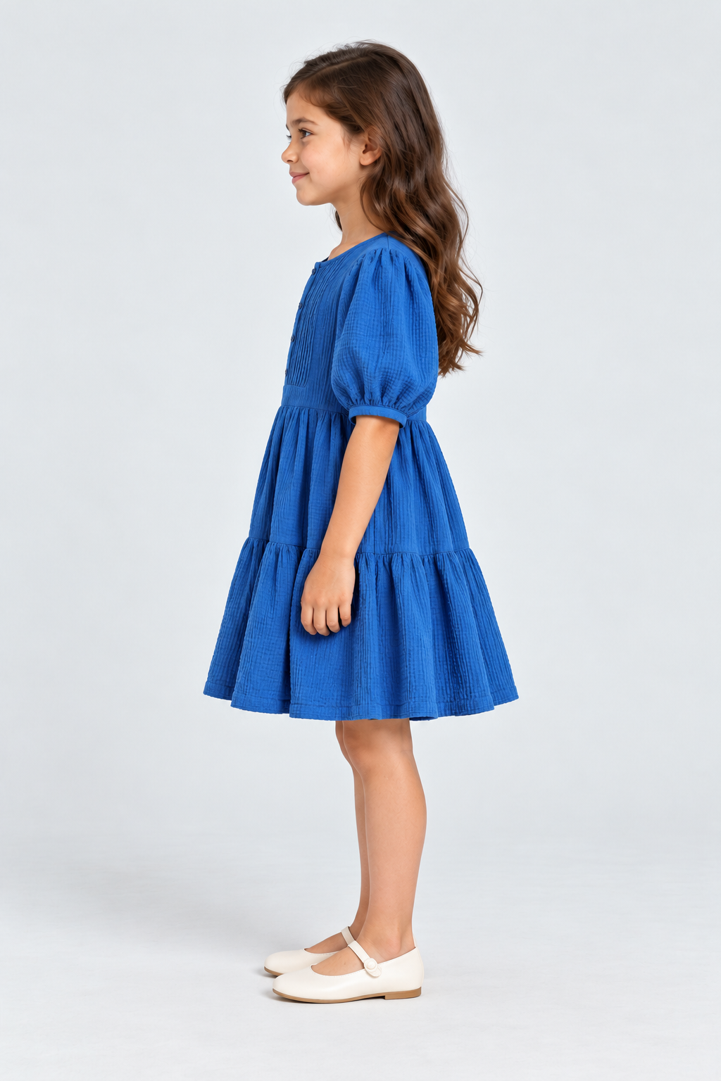 فستان بناتي نص كم بأزرار أمامية, blue, side model view