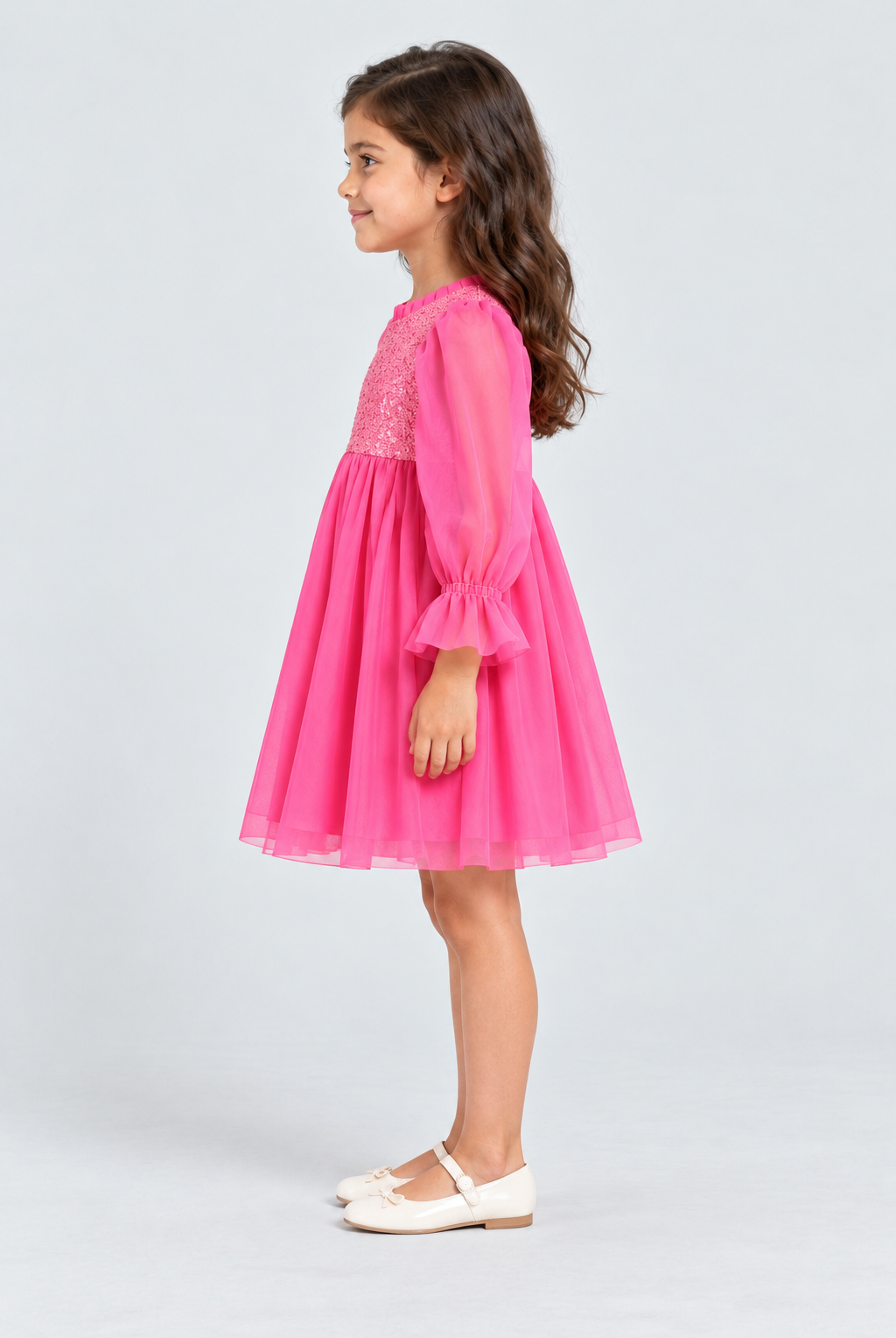فستان بناتي لامع من أعلى كم طويل — side model view