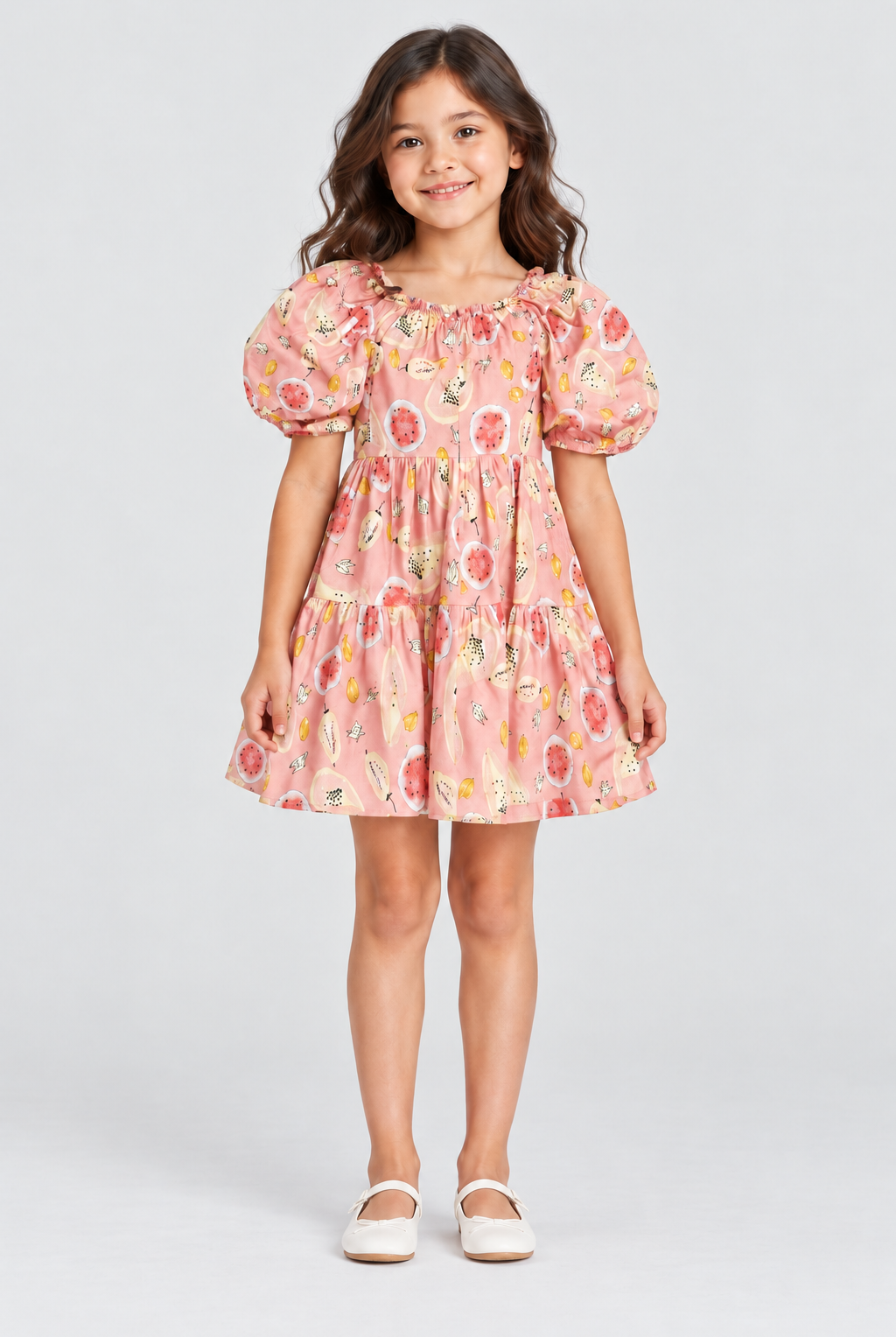 Girls’ blush-pink fruit-print dress, complete front garment detail on Lina