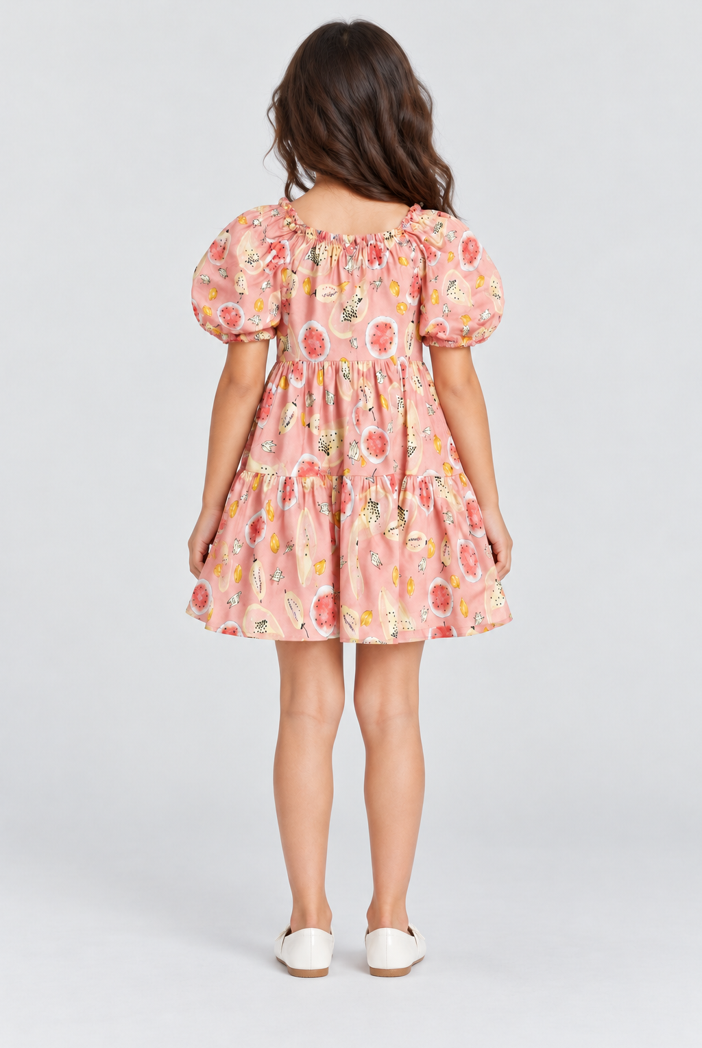 Girls’ blush-pink fruit-print tiered dress, back view on Lina