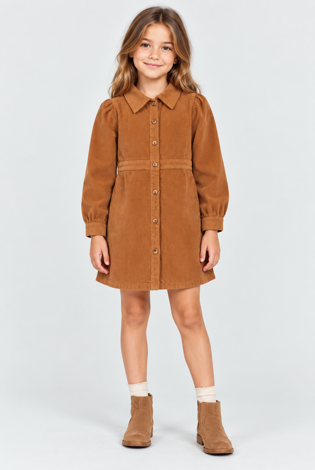 Gingersnaps GDR2171 girls brown corduroy dress - front model view