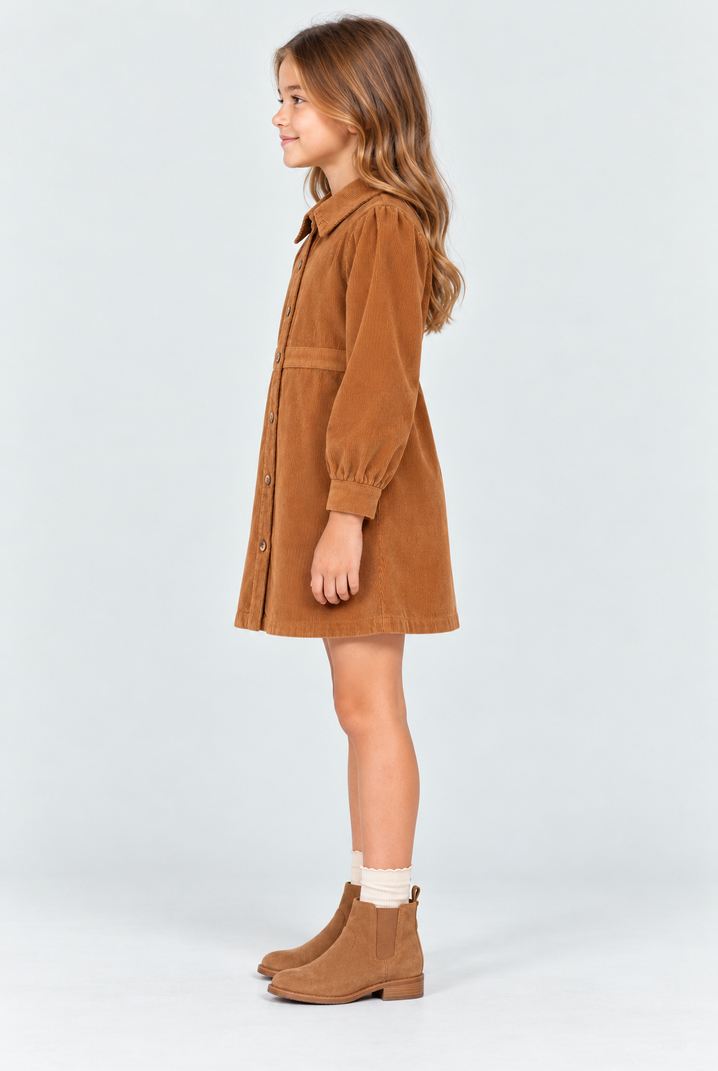 Gingersnaps GDR2171 girls brown corduroy dress - left model view