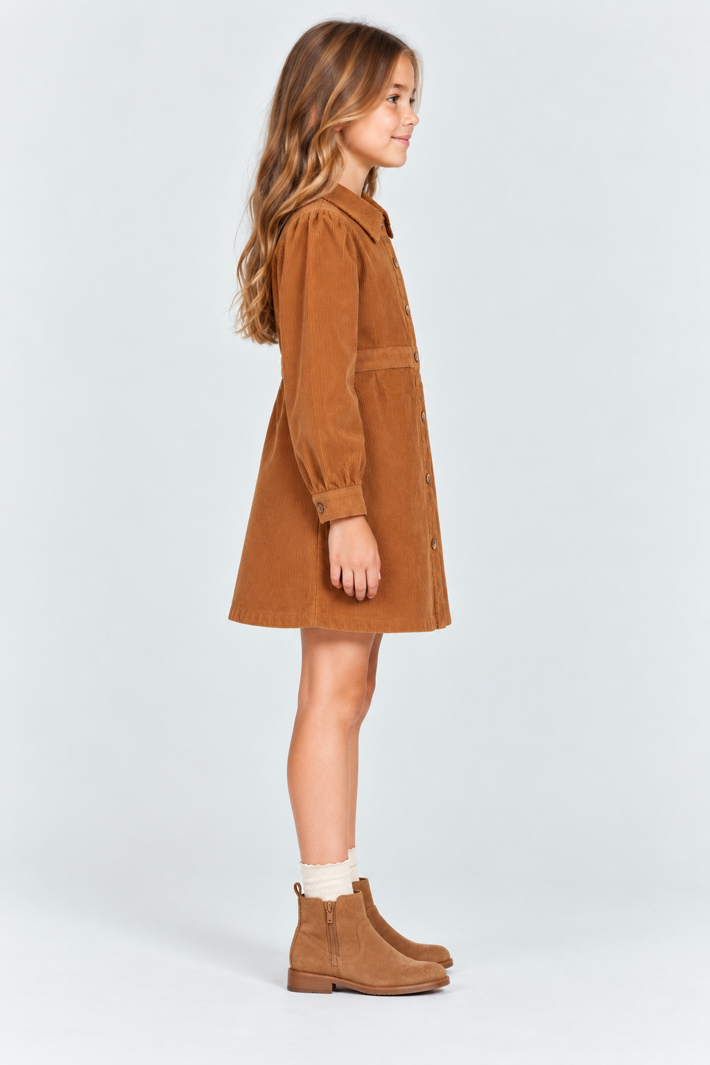 Gingersnaps GDR2171 girls brown corduroy dress - right model view
