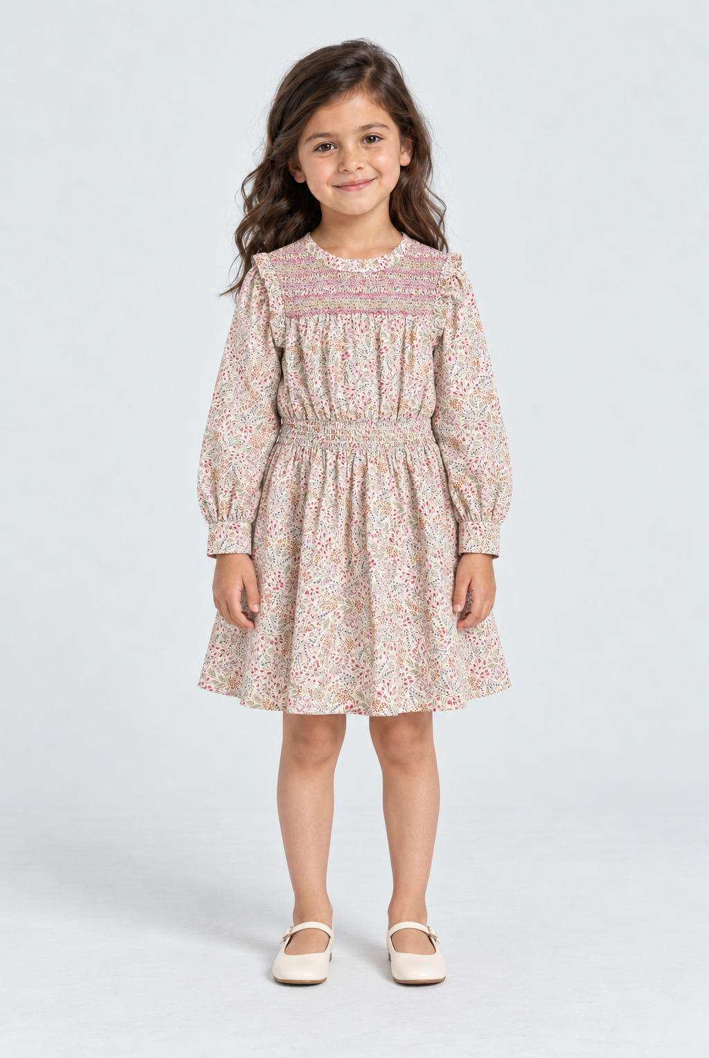 Gingersnaps girls floral smocked dress GDR2174, multicolour, front model view