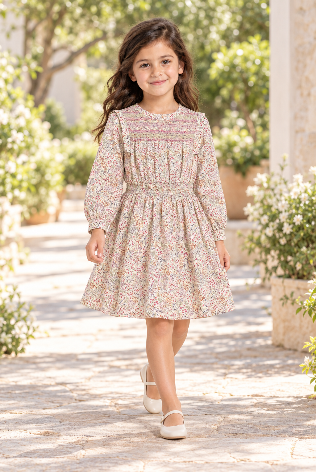 Gingersnaps girls floral smocked dress GDR2174, multicolour, lifestyle model view