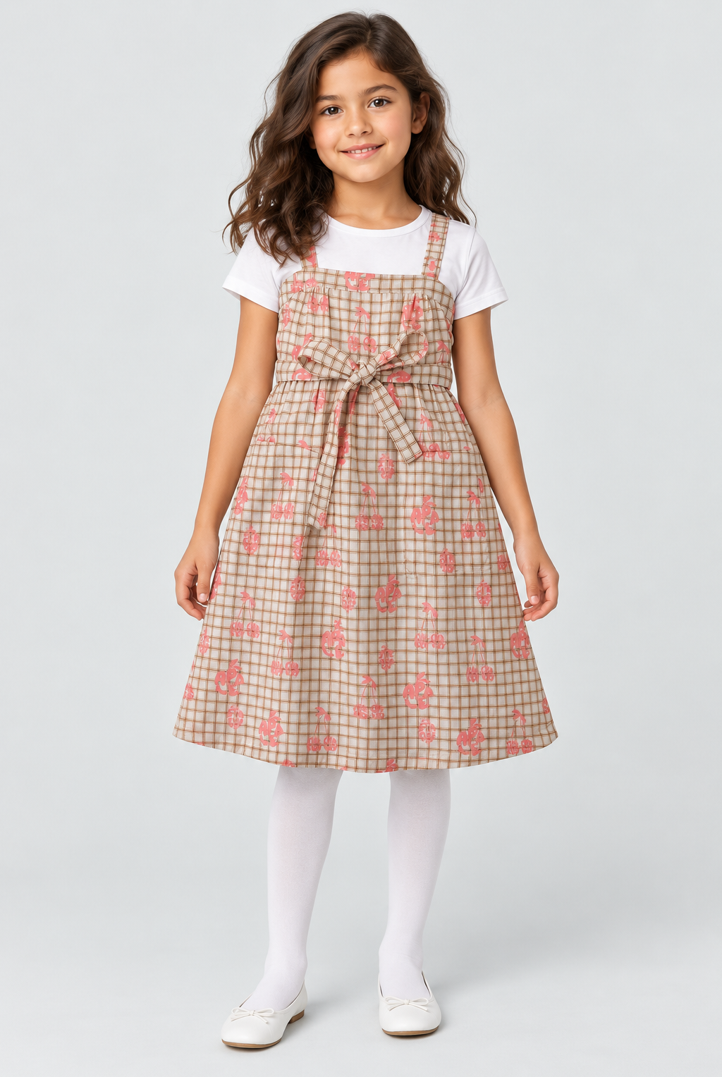 Girls plaid fruit print dress on child model, full front