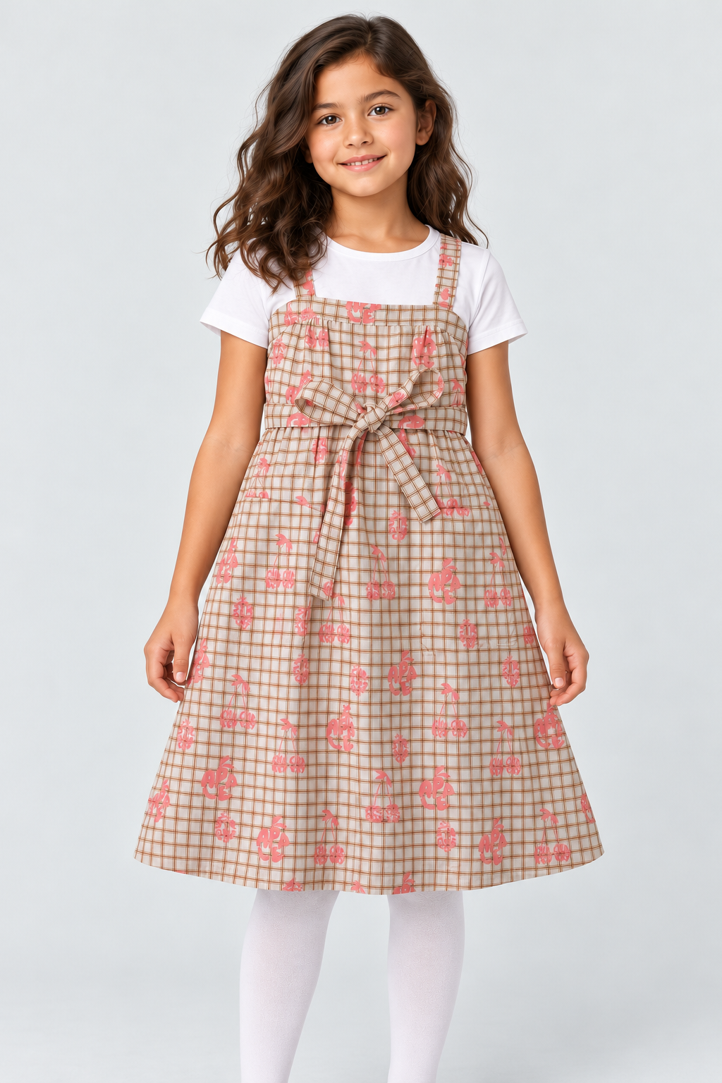 Girls plaid fruit print dress on child model, front detail