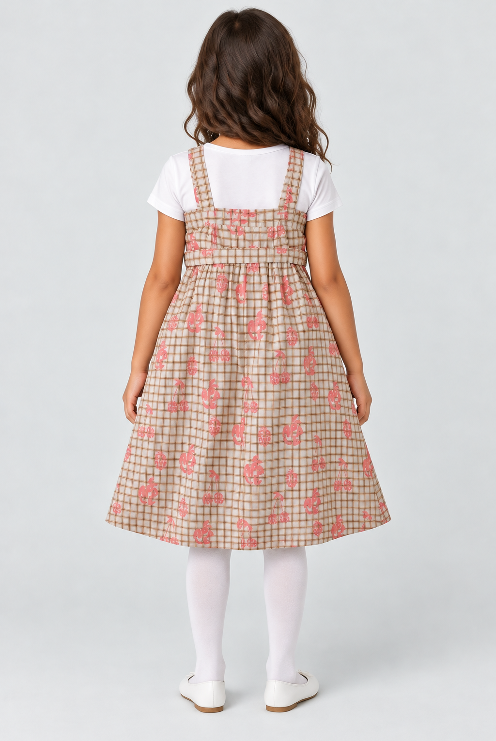 Girls plaid fruit print dress on child model, back view