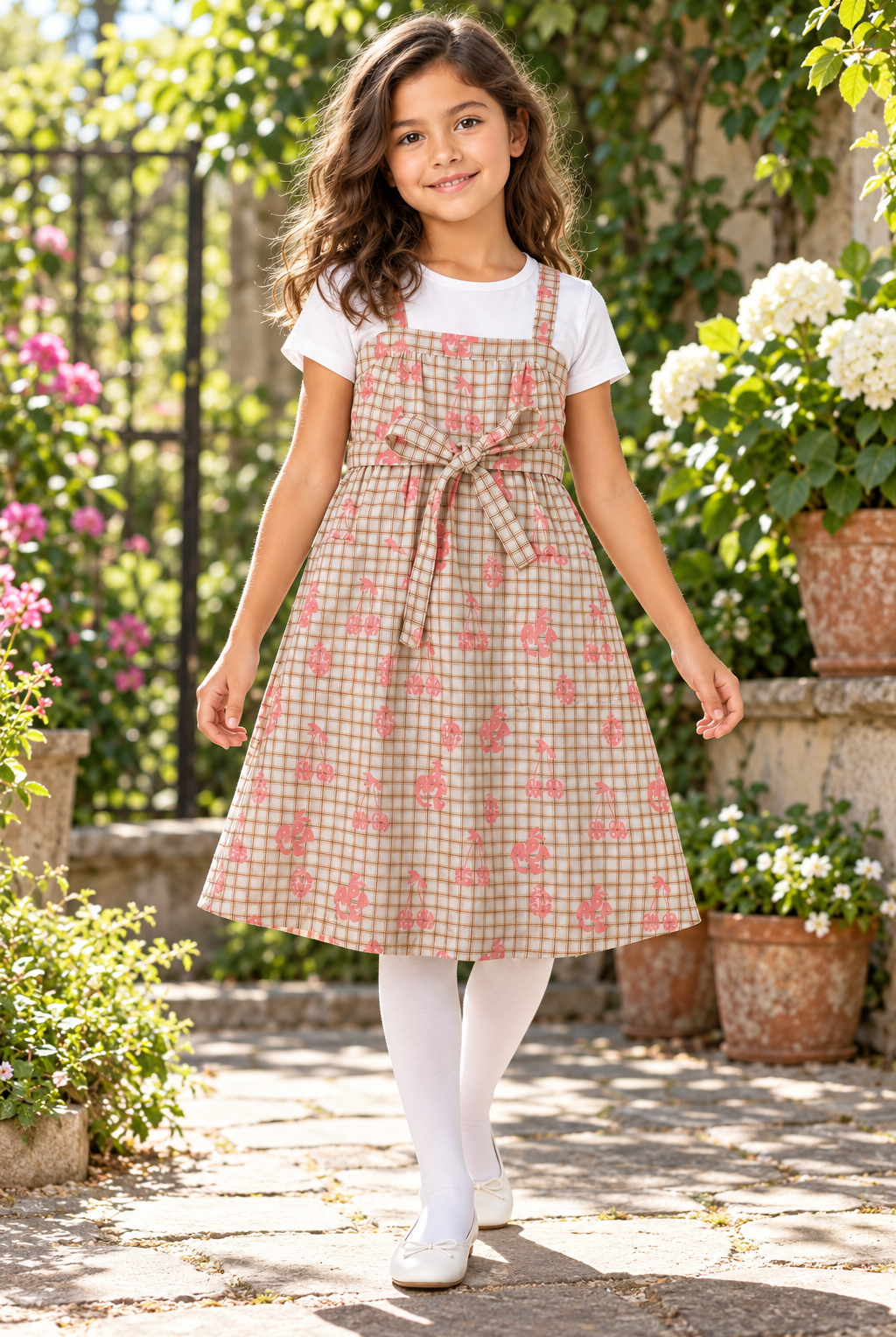 Girls plaid fruit print dress on child model, lifestyle