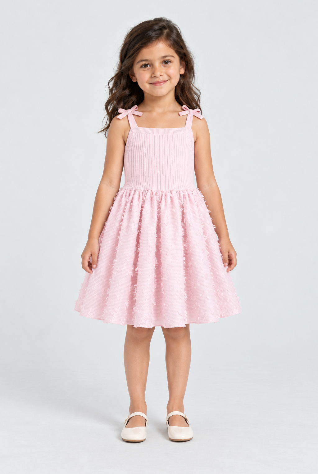 فستان بناتى مخصر بحمالة فيونكه — front model view