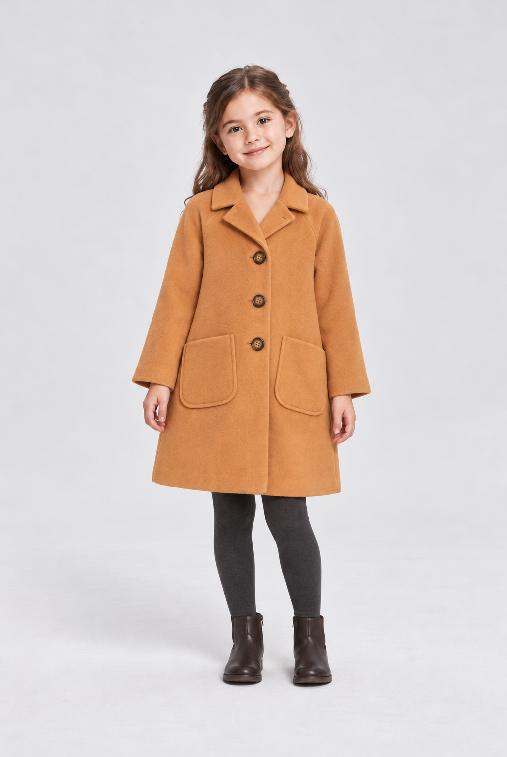 Gingersnaps camel coat on child model, front view