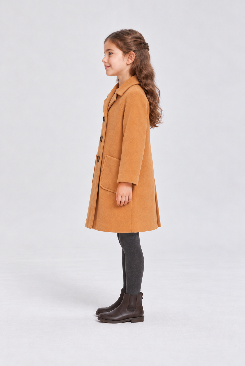 Gingersnaps camel coat on child model, right side view