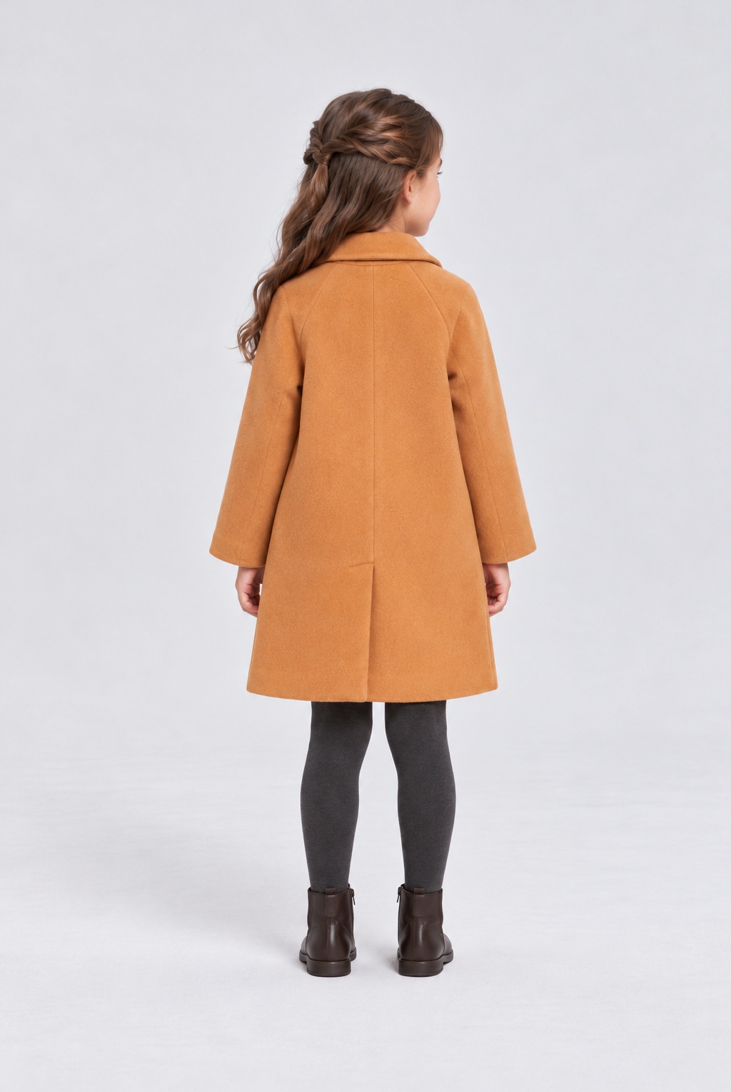 Gingersnaps camel coat on child model, back view
