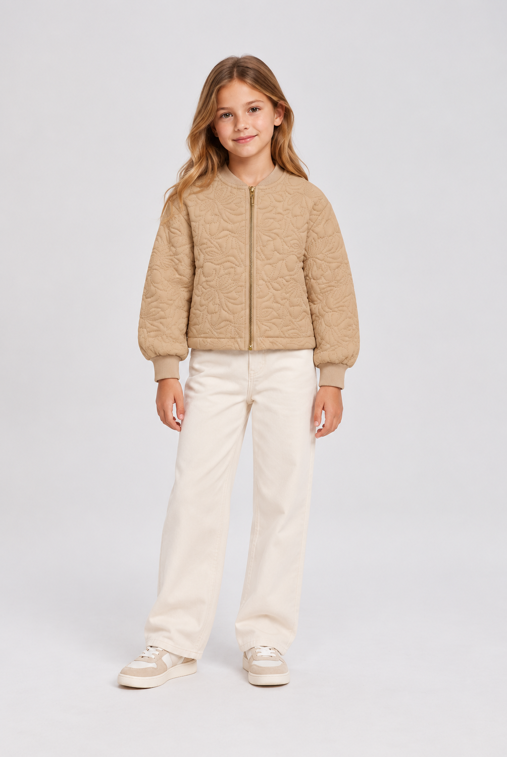 GJK0197 beige quilted jacket, front model view