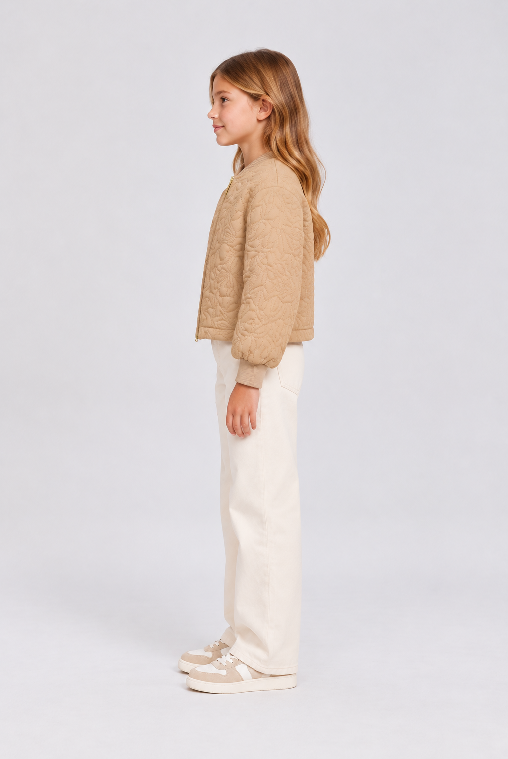 GJK0197 beige quilted jacket, left model view