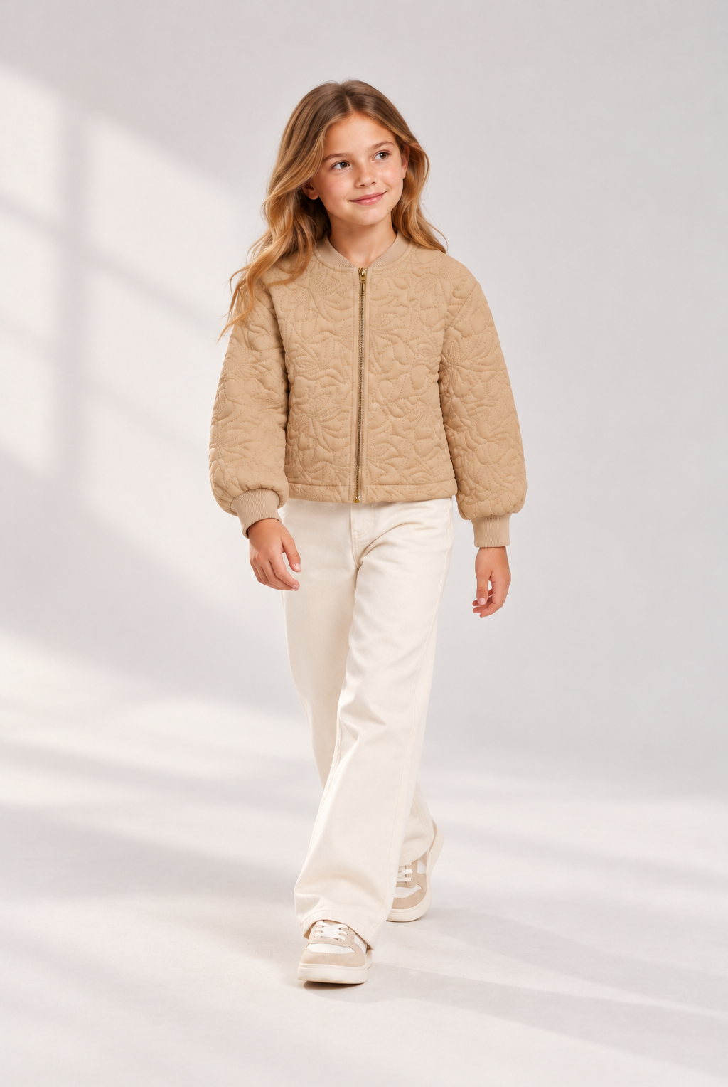 GJK0197 beige quilted jacket, lifestyle view