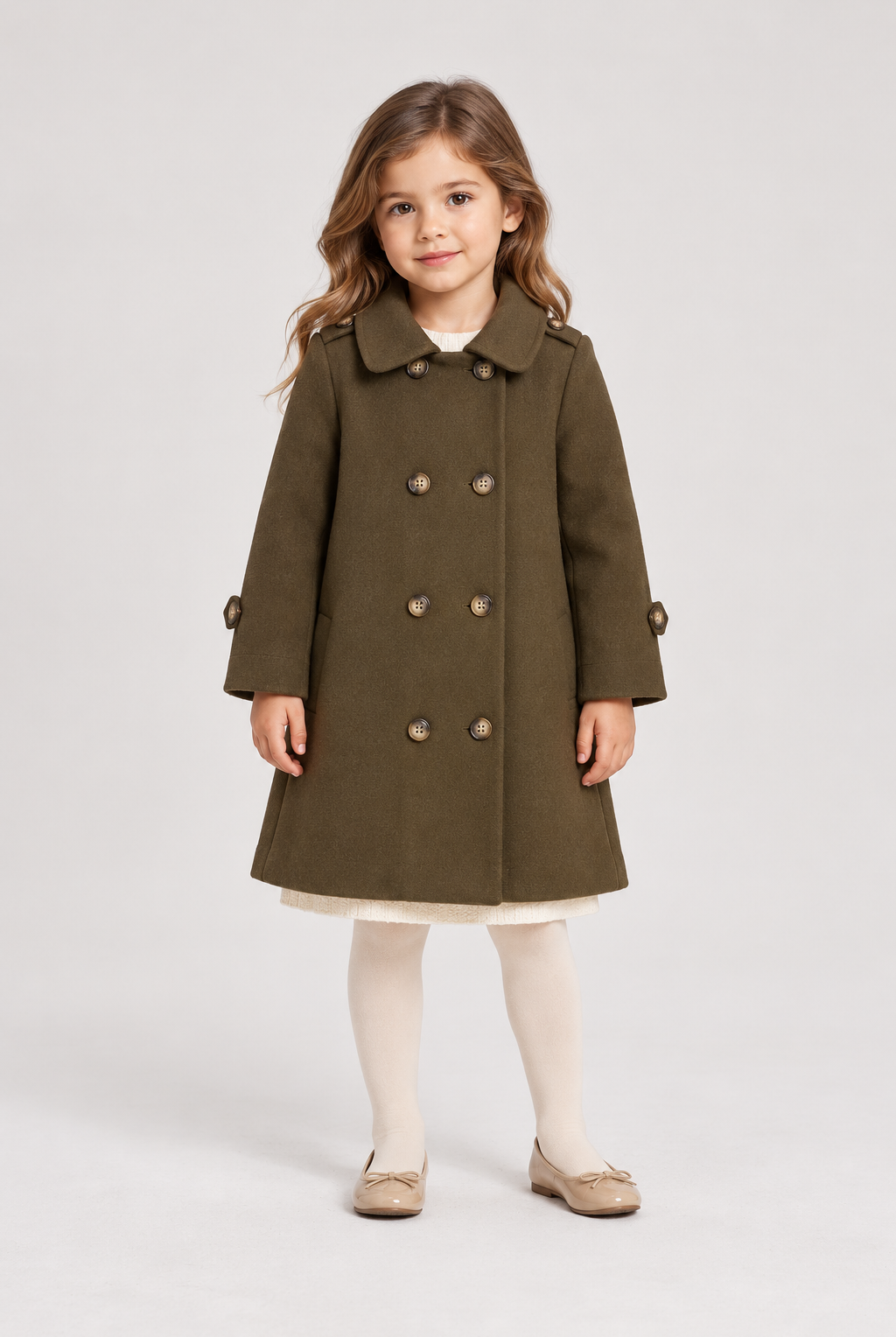 Front girl model view of Gingersnaps olive winter coat