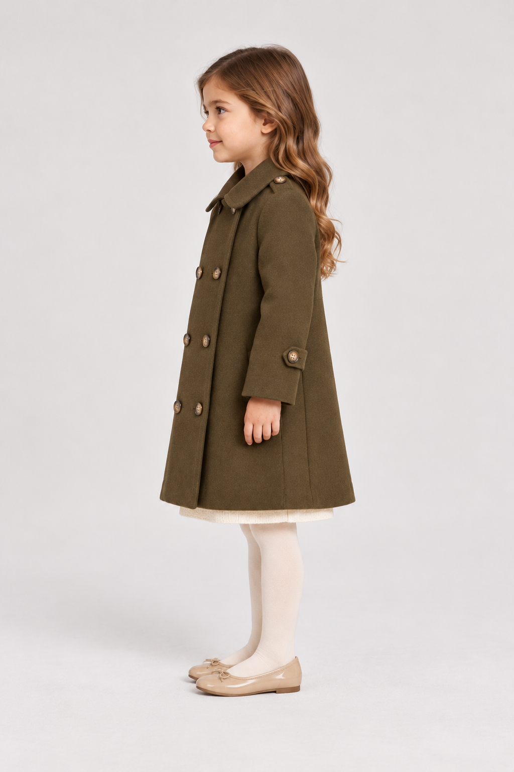 Left side girl model view of Gingersnaps olive winter coat