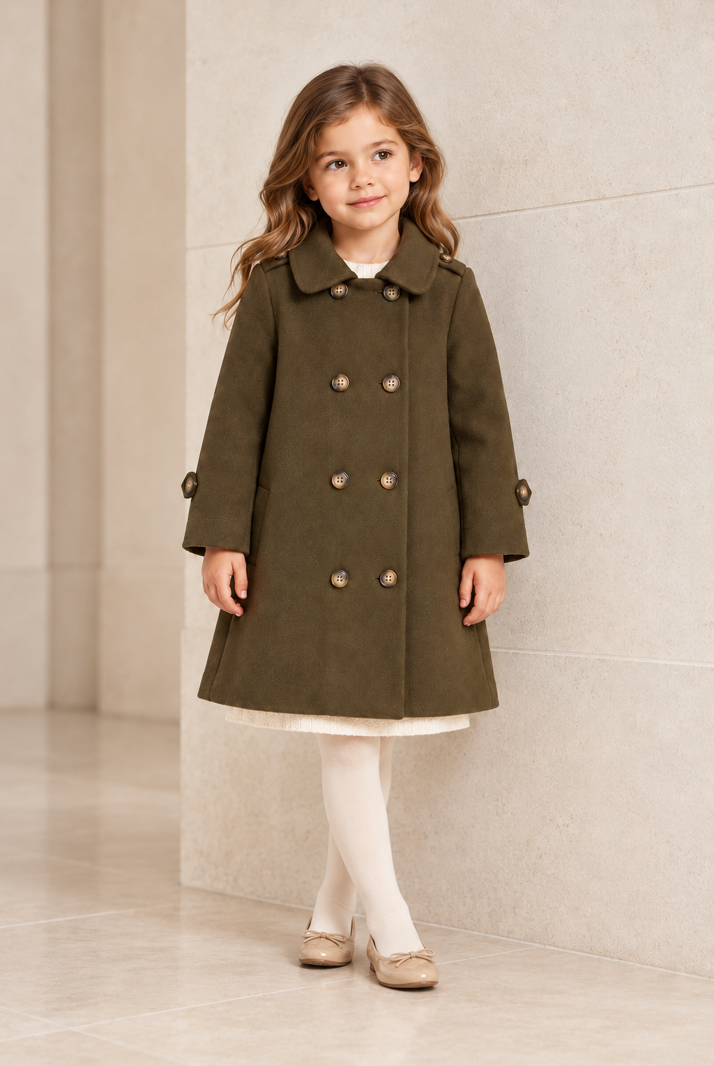 Lifestyle girl model view of Gingersnaps olive winter coat