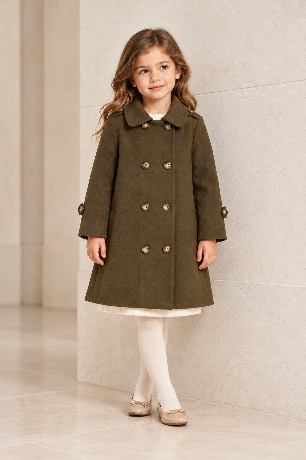 Lifestyle girl model view of Gingersnaps olive winter coat