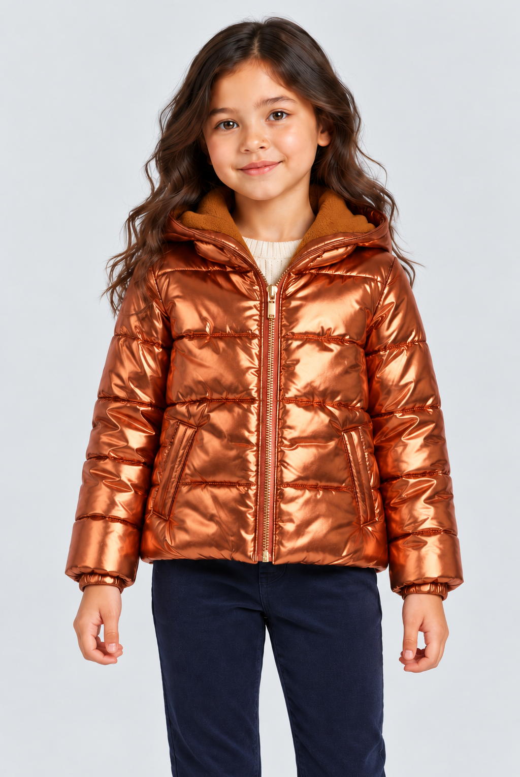 Girls’ metallic copper hooded puffer jacket, complete front detail on Lina