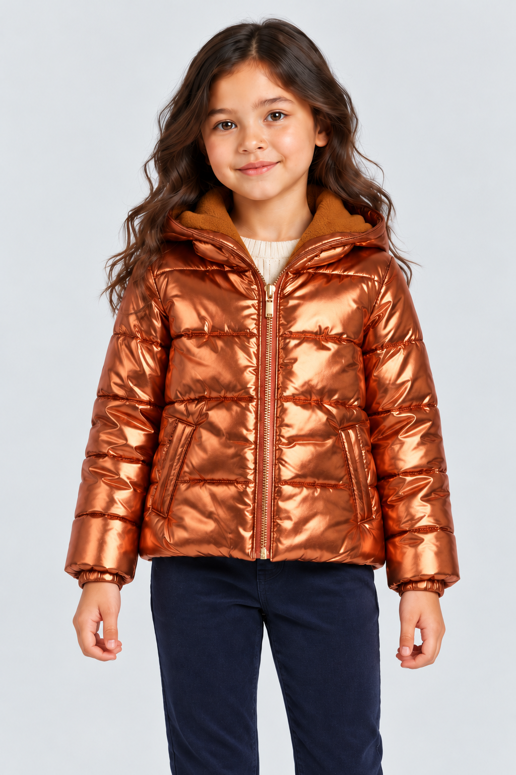 Girls’ metallic copper hooded puffer jacket, complete front detail on Lina