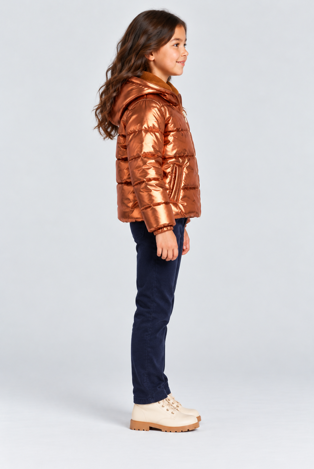 Girls’ metallic copper hooded puffer jacket, side view on Lina
