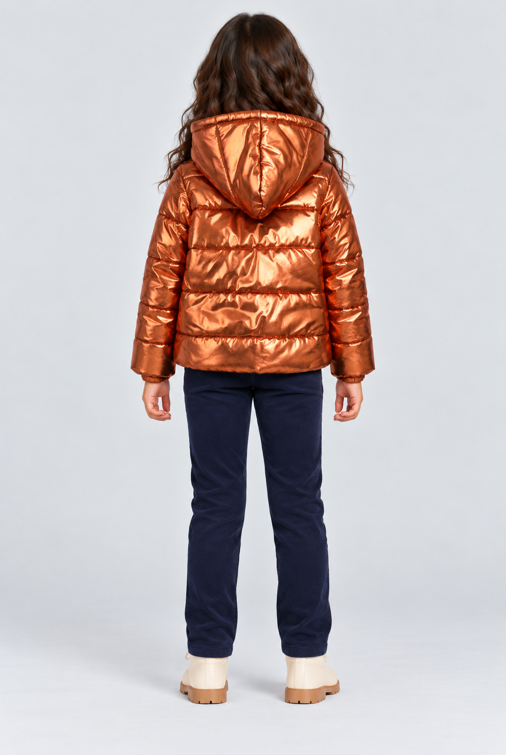 Girls’ metallic copper hooded puffer jacket, back view on Lina
